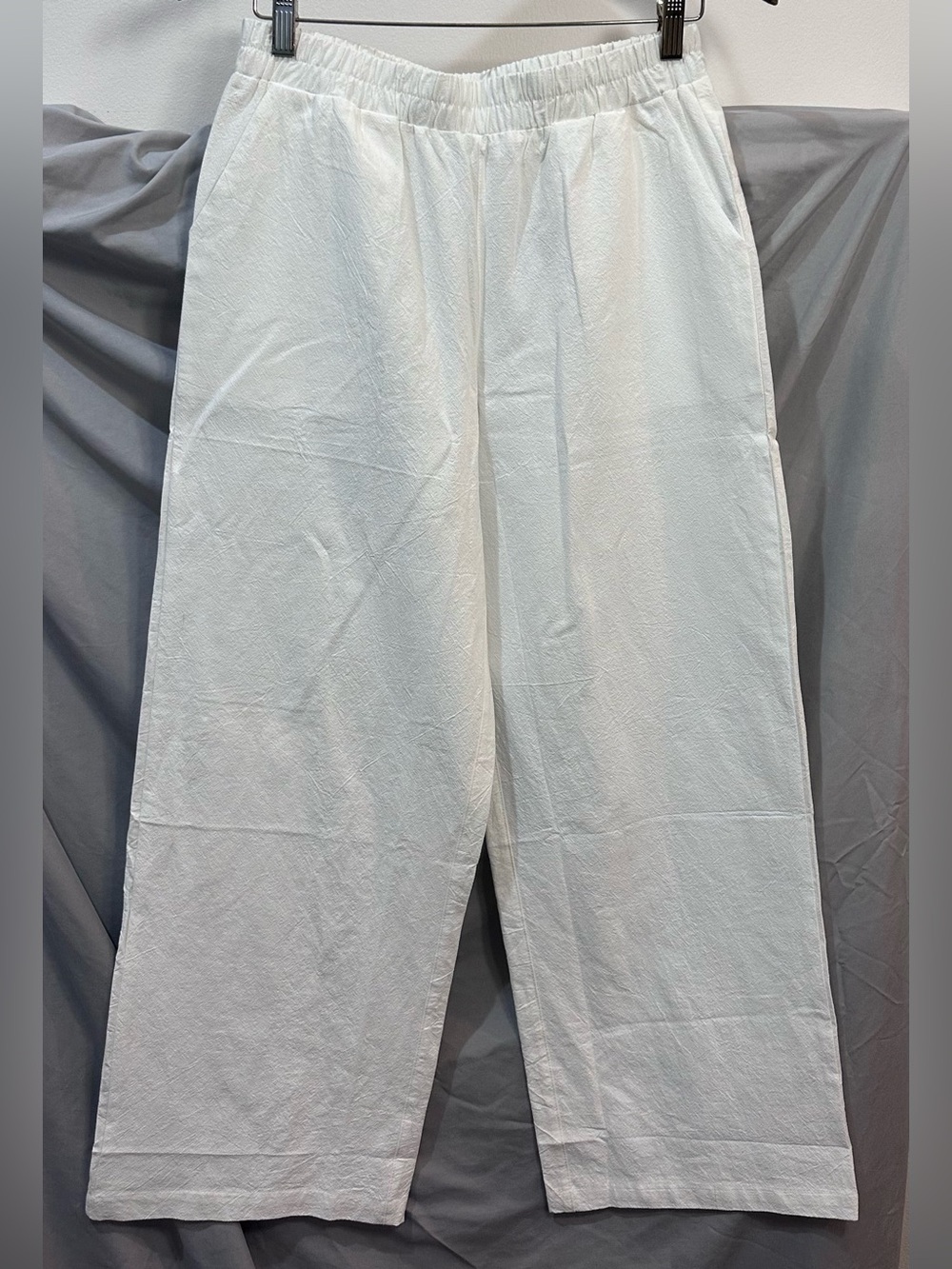 LOMON White Elastic Waist Wide-Leg Linen Pants